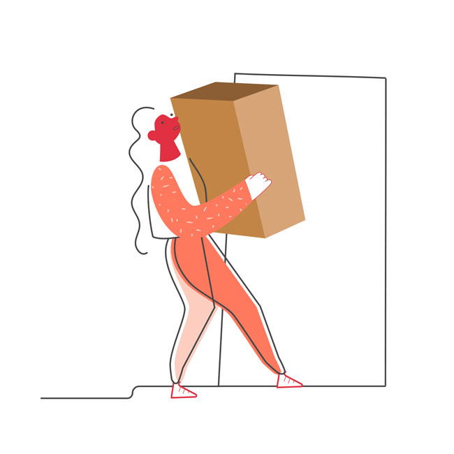 Illustrasjon av en kvinne som bære en flytte eske. 