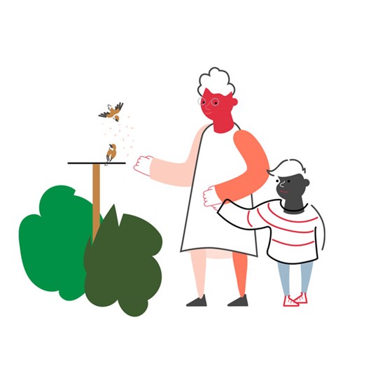 Illustrasjon av en bestemor som holder en liten gutt i hånden.