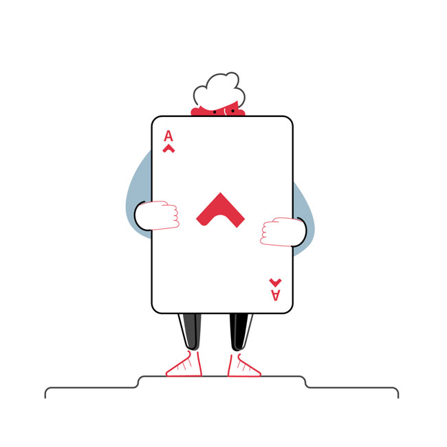 Usbl illustrasjon av man som holder et spillekort med ess på.